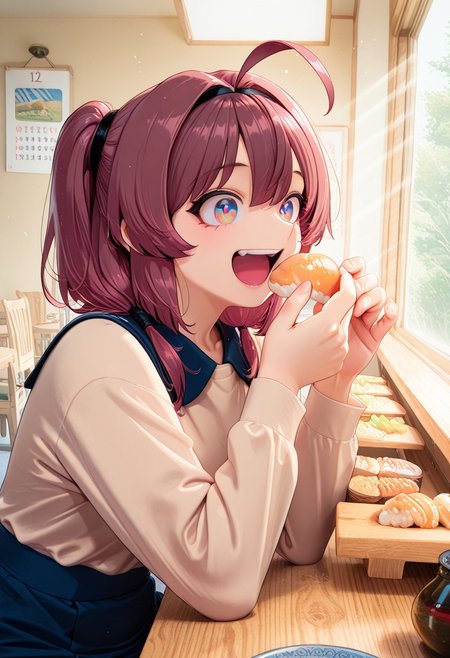1girl, solo, masterpiece, best quality, newest, absurdres, CG, anime, source anime, illustration,  nyalia lora:Someone_Stop_Her_-_Manhwa__Illustrious:1>
BREAK 1girl, solo, Lynn Yu,brown hair, ahoge, black diadem, multicolored eyes, magenta eyes, black eye pupils, twin ponytails
beige shirt, black shirt collar, blue short skirt
dynamic pose, sitting, eating, happy, smiling, upper body, open mouth
indoors, restaurant, indoors, chair, window, japanese restaurant, counter, showcase, omakase, sushi plate, wooden plate, calendar (object) soy sauce, saucer
light particles, cinematic angle, alternate angles, alternate detailed background, beautiful background, (rays light:1.0),(grow:1.0)