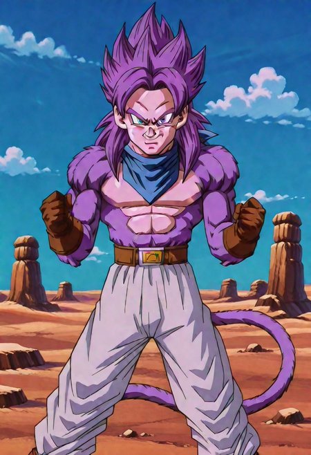 GTTrunks, 1boy, purple hair, blue bandana around neck, brown gloves, shorts, white pants, brown boots, abs, body fur, long hair, monkey tail, muscular, pectorals, (purple fur:1.5), solo, spiked hair, ssj4, super saiyan, tail, solo, fighting stance, standing, clenched hands, dynamic pose, upper body, looking at viewer, smiling, cowboy shot, desert background, blue sky, clouds, scene reference, verybadimagenegative_v1.3