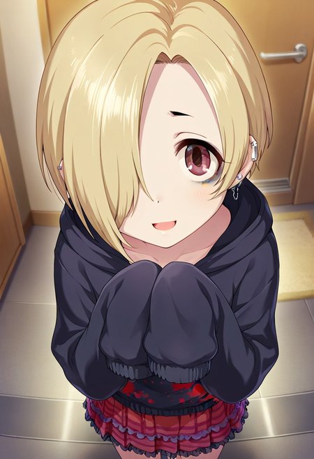 masterpiece,best quality,amazing quality, shirasaka koume, blonde hair, hair over one eye, short hair, brown eyes, sleeves past wrists, jewelry, earrings, smile, open mouth, looking at viewer, skirt, hood, bags under eyes, solo, 1girl