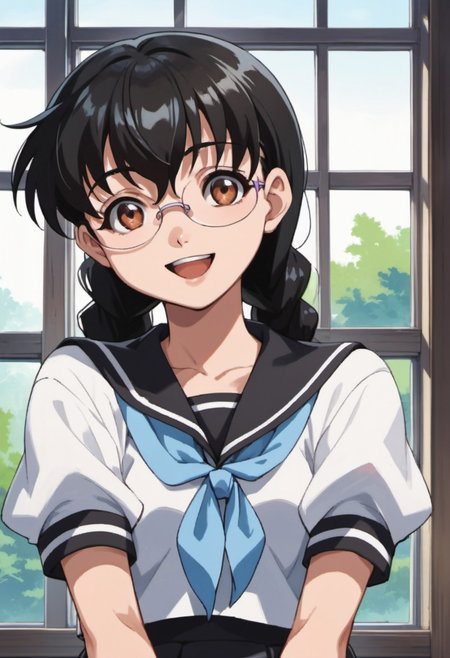 score_9, score_8_up, score_7_up, source_anime, izumi yuka, glasses, black hair, twin braids, brown eyes, 1girl, solo, school uniform, braid, serafuku, long hair, window, open mouth, anime coloring, smile