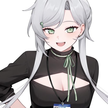 aka1st, 1girl, id card, solo, breasts, smile, green eyes, hair ornament, upper body, cleavage cutout, jewelry, open mouth, long hair, earrings, cleavage, clothing cutout, hairclip, lanyard, medium breasts, grey hair, upper teeth only, :d, shirt, white background, looking at viewer, teeth, stud earrings, simple background, black shirt, ribbon, neck ribbon, green ribbon, sweater
