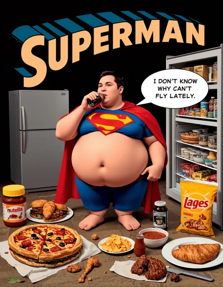 title logo letters "SUPERMAN" photo superman fat, comic drinking coke, speech bubble saying bold "I DON'T KNOW WHY CAN'T FLY LATELY", refrigerator, pizzas, hamburguer, lay's chips, nutella, sandwich, croissant, cookies, ketchup, meat,  chicken thighs, food on the floor, <lora:Hand v2:1> <lora:Anti-Blur:1> <lora:MoviePoster02-00_CE_FLUX_128AIT:1>