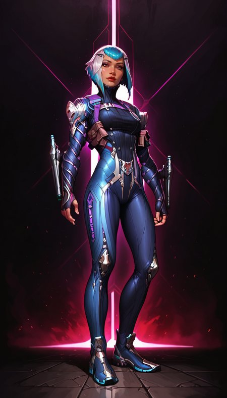 score_9, score_8_up, score_7_up, , detailed face,  best quality, perfect eyes, floating hair,  best quality,, perfect eyes,  detailed background, full body shot, from below, cowboy shot, cityscape, city background, dynamic pose, sexy pose, 
<lora:DetailedEyes_V3 helper eye:1>, looking at viewer, 
<lora:Expressive_H:0.45> Expressiveh, <lora:g0th1cPXL:0.35> g0thicPXL, glowing, neon, <lora:incase_style_v3-1_ponyxl_ilff Pony-St1le:0.6>,<lora:princess_xl_v2:0.75>,
, a0i, short hair, multicolored hair, bodysuit, multicolored hair, science fiction,  <lora:Warframe_1999_Aoi-000007:0.8>