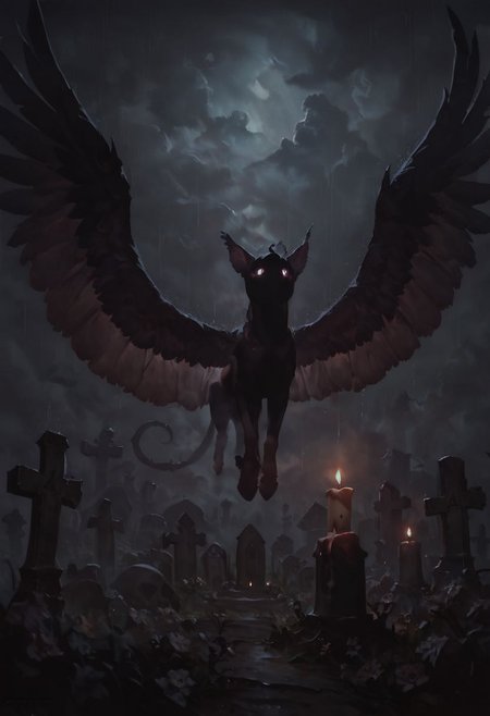 score_9, score_8_up, score_7_up, high quality, oil painting, realistic, gradient background, dark, cloudy, rainy day, small child offering flowers, 1girl, ethereal body, translucent body, ghost, feathered wings, graveyard, lit candles, cinematic lighting, fog, dark theme, low light,