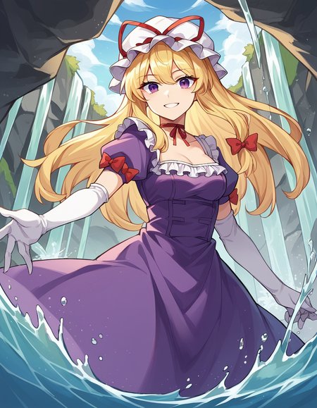 score_9, score_8_up, score_7_up, source_anime, <lora:yukari-yakumo-ponyxl-lora-nochekaiser:1>, yukari yakumo, purple eyes, blonde hair, sidelocks, long hair, hair bow, bangs, multiple hair bows,, choker, dress, elbow gloves, frilled dress, frills, gloves, hhat, hat ribbon, mob cap, puffy short sleeves, puffy sleeves, purple dress, red bow, red ribbon, ribbon, ribbon choker, short sleeves, white gloves, white hat, waterfall, water, rocks, plunge, spray, smile, from side, looking at viewer, solo,, dutch angle, cowboy shot