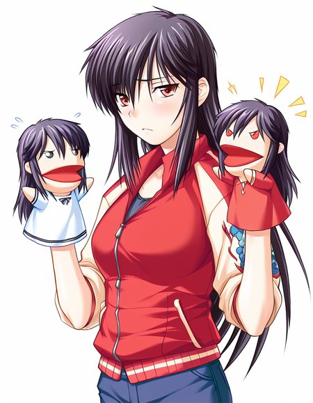 masterpiece, best quality, amazing quality, absurdres, official art, ultra detailed, 
1girl, solo, yashi_nagomi, long hair, purple hair, red eyes, BREAK
jeans, red jacket, sleeves rolled up, 
frown, flying sweatdrops, looking at viewer, standing, hppt,hand puppet, happy aura, simple background, white background, upper body, highly detailed <lora:hand_puppet_IL_v1:1> <lora:Yashi Nagomi v1.0-000013:1>
