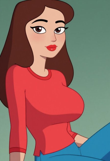 ((bedroom background)),score_9, score_8_up, score_7_up,score_6_up, 
1girl, Solo, Carolina_HYG, medium skin, dark brown eyes, brown hair, long straight hair, red lipstick, red t-shirt, tight blue jeans pants, dark blue sandals, tall stature, social smile, sexy face, close-up, cowboyshot, perfect eyes, perfect smile, looking at the viewer, big breasts, detailed eyes, perfect eyes, very close-up, cute