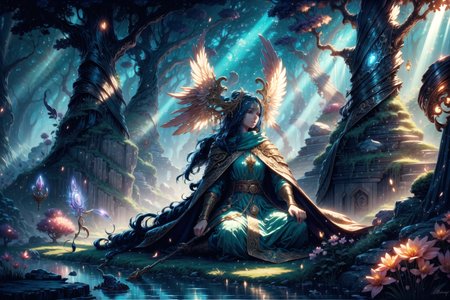 <lora:FeyAndFairies:1> FeyFa, magical fantasy, scene, forest, river, statue, sun rays,  <lora:Fantasy_Classes_SD:1> fantasy class, druid, hermit, nature, natural, forest robe, pet, animal companion, best quality, masterpiece, <lora:more_details:0.65>, 1girl, solo