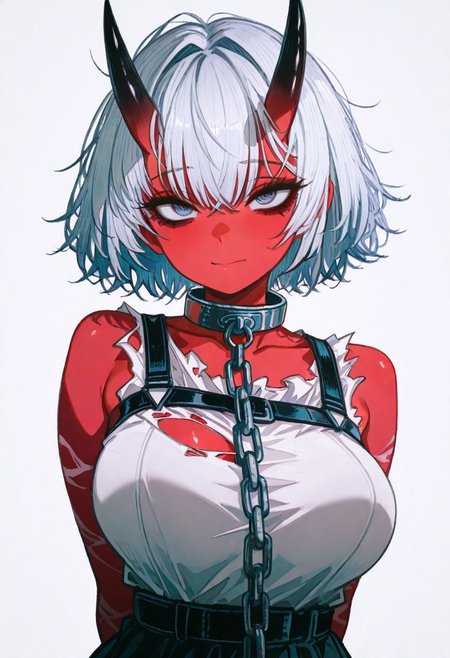 masterpiece, best quality, good quality, very awa, newest, highres, absurdres, uncensored, 
Good quality, newest,1girl, 
BREAK
detailed background, eyelashes, erotic, looking seductive, coy. dynamic action image, detailed face, detailed eyes, direct mesmerizing gaze, 
BREAK
(sexy, slutty, hot, aroused), 
Aka-Oni, oni, colored skin, red skin, smooth horns, black horns
BREAK
flirting:2.0, flower, (artist:John_kafka)
BREAK
chain, torn clothes, breasts, messy hair, collar, looking at viewer, dress, metal collar, arms behind back, short hair, closed mouth, torn dress, simple background, collarbone, sleeveless, bare shoulders, large breasts, bags under eyes,