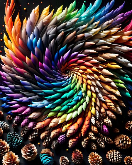 ral-pinecone, a rainbow spiral galaxy made entirely of pine cones, background black color