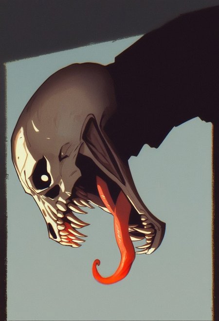 (7-Vectors) invncbl, artbook illustration, score_9, score_8_up, score_7_up,  score_6_up, score_5_up, score_4_up, solo, animal skull head, screaming, long split tongue, fangs, head closeup, black leather coat, horror atmosphere, side view, vhs grain, dark lighting, gold reflections, CRT grain, white noise glitch