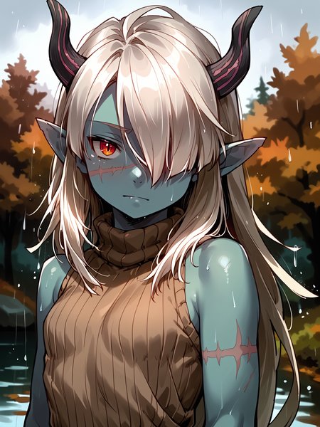 (upper body, solo:1.1) <lora:happy_tentacle-necromancer-v0.3-000037:1>, ht_necromancer, colored skin, horns, scar on leg, scar on stomach, scar on cheek, (petite:1.2), <lora:Shed_The_Skin's StS_age_slider_v1_initial_release:-1.1> ( :1.1) ( ( head tilt :0.8) , , ( :1.2) , , looking back :1.1) , outdoors, vegetation, (overgrown :1.1), autumn , (day :0.6), rain , (:0.5), , ( :0.8), sleeveless shirt, (turtleneck sweater:1.2) ( :0.8) score_9, score_8_up, score_7_up, score_6_up, score_5_up, score_4_up, ( [(realistic, photorealistic:1.3):(realistic:1.2):16] [(3d:1.2)::14] :1) <lora:LUUNA's Lunas-NijiJourney-SDXL-B2:0.35>, nijijourney <lora:prgfrg23's Counterfeit-V3.0 Style SDXL_LoRA_Pony Diffusion V6 XL:0.5> <lora:mfcg's mfcgXL:0.12> <lora:reweik's gyokai(himehajime)_PonyXL_style_v01:0.14>