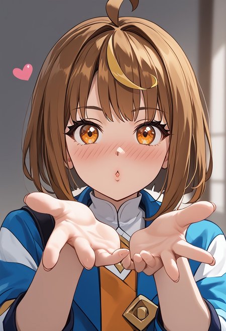 score_4,score_5,score_6,score_7_up,score_8_up,score_9 ((masterpiece,best quality,ultra detailed,highres,HD,4k:1.2)), 
1boy, solo,solo focus,boy focus,face focus,
Shiron(normal),brown hair,multicolored hair,yellow streaked hair,bangs,ahoge,sidelocks,orange eyes, petite,
<lora:blowing-kiss-ponyxl-lora-nochekaiser:1>, blowing kiss, pucked lips, heart, looking at viewer, hand up,Pouting lips,pointing fingertips towards viewer, 
((Embarrassed,full face blush)),