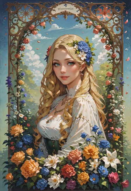 score_9, score_8_up, score_7_up,  1 girl, beautiful flowers, flower corsage in hair, (flowers in background, abstract flower background), impressionism, blonde hair, long hair, art nouveau style  <lora:sdxl\Anime Summer Days 2 Style SDXL_LoRA_Pony Diffusion V6 XL>