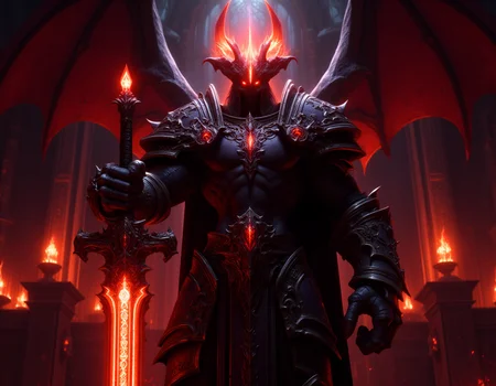 A cinematic ingame screen shot from World of Warcraft on a mighty Demon Lord. He got a glowing honrs on his head, glowing red firy eyes, big dark skeleton wings on his back, wearing a shiny black magical armor with red trimmed detailds. In his right hand he is holding a giant glowing greatsword made of pure fire, fire glowing runes along the blad. He is holding the sword by the handle. He is standing in a throne room in the deepest pits of hell. full body shot facing the viewer. hkstyle <lora:hkstyleFluxV3:0.85>  <lora:Elden_Ring_-_Yoshitaka_Amano:0.6> <lora:FluxMythP0rtr4itStyle:0.65>