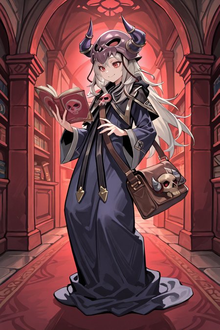 masterpiece, very aesthetic, absurdres, best quality, amazing quality, high resolution, <lora:illustrious_quality_modifiers_masterpieces_v1:0.8> , <lora:ChamIllustriousBackgroundEnhancer:0.5>,  solo,  <lora:NecromancerIL:0.8> , necdef, 1boy, red eyes, grey hair, skull, horned helmet, horns, fake horns, skull brooch, black capelet, robe, long sleeves, bag, academy, reading book, full body, smile,