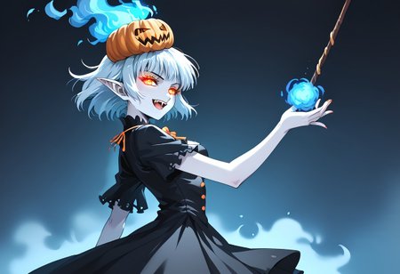 (masterpiece), (score_9, score_8_up, score_7_up,source_anime), 4K8K, 
(from side), misty, steam, fog, Floating Halloween pumpkins, 
halloween, halloween fantasy, (jakkRo), 
(pumpkinhead woman, Pumpkinhead:1.3), (solo), (Glossy skin, pale skin:1.3),  (hugging myself, holding stick), blue flame, burning pumpkin, (dark aura:1.4), (smirk, half-opened mouth, Canine, tooth, fang1.2), 
(medium figure:0.9), (pointy breasts:1.1), 
(glowing eyes), 
(wearing vampire cos, dress, makeup, red and black dress, Miniature Hats, zettai ryouiki, thighhighs:1.2), 
(emperor's audience room, dark room:1.3), elf ears,