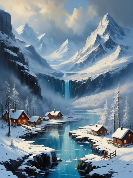 windly low clouds in epic nordic fjord, pagan folk nordic ethnic, electric snowy sparkles, highly detailed, best quality, surrealism, intricate
