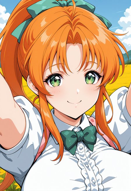 fukawa_miku, green eyes, orange hair, long hair, ponytail, hair ribbon, green ribbon, green bowtie, short sleeves, waitress, <lora:fr_fukawa_miku_illustrious_ver1:0.8> 
large breasts, smile, closed mouth,, 1girl, solo, (field:1.2), (blue sky:1.2), looking at viewer,, masterpiece, best quality, general,, (upper body:1.2), (close-up:1.2), (facing viewer:1.2), (open eyes:1.4), (portrait:1.2)