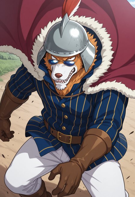 masterpiece, best quality, amazing quality, solo, 1boy, InuarashiOP, striped shirt, white pants, helmet, cape, sunglasses, sharp teeth, gloves