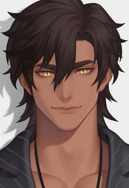 uliosi, solo, looking at viewer, smile, short hair, simple background, brown hair, shirt, black hair, 1boy, white background, hair between eyes, closed mouth, yellow eyes, dark skin, medium hair, lips, shadow, dark-skinned male, thick eyebrows, light smile, slit pupils, upper body, eyebrows hidden by hair, male focus, muscle