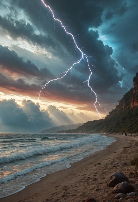 CyberRealisticPony_POSV1, beach, perfect lightning, colorful vibes, landscape, highly detailed, traditional style
