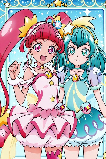shiny skin, posing,
<lora:starpri.il:1.0>,
starpri,
2girls, 
curestar, curemilky, 
yuri, large breasts,