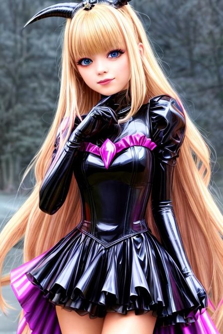 blonde evil corrupted young princess wearing dark pastel (ruffled:1) (gleaming latex:1) DarkPrecure Bad_End_Precure gown with (long latex cape:1) and latex elbow bridal gauntlets, (Perfect Face:1), soft lighting, glossy red lips, ruffles,
<lora:more_details:1>