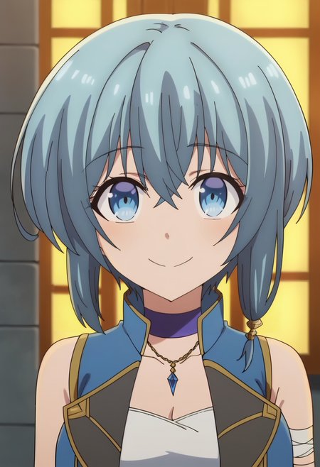<lora:Narusena:0.9> Narusena, 1girl, solo, blue eyes,  blue hair,short hair, choker, jewelry, breasts,  hair between eyes, sidelocks, bare shoulders,  vest , tube top,   looking at viewer, smile , upper body, score_9, score_7_up,anime coloring ,source_anime, anime, anime screencap