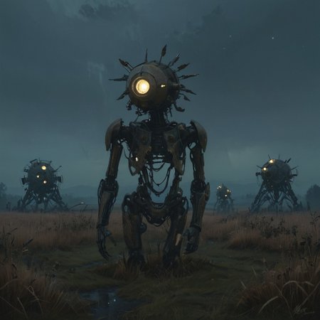 a painting that captures the essence of a poem: 
(Fields where machine souls rust under the light of a dying star, 
Veni, vidi, vici; 
When heaviest is the crown of the ghost of a god, none dare come out to play; 
Use caution when dealing with the fallible tenets of the aegis rimwalkers; 
Cyborg religious sects turned loose with the coming of the new dawn; 
I offer this advice in earnest, for soon we shall see many a truth uncovered; 
Do not despair my voidwalker, for what happens in the dark is destined to come to light, now and forever more...), 
Andrei Tarkovsky Style page,detailxl,in the style of simon-stalenhag,