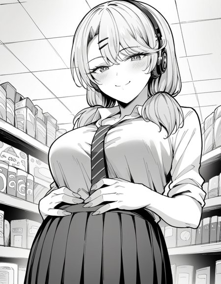 score_9, score_8_up, score_7_up, source_anime, <lora:ria-nishizono-manga-ponyxl-lora-nochekaiser:1>, ria nishizono, monochrome, greyscale, twintails, hair ornament, large breasts, hairclip, low twintails, long hair,, skirt, necktie, school uniform, pleated skirt, cleavage, shirt, miniskirt, music store, browsing records, headphones, vinyl collection, nostalgic, smile, looking at viewer, hands on stomach, blush,, solo,, cowboy shot, dutch angle