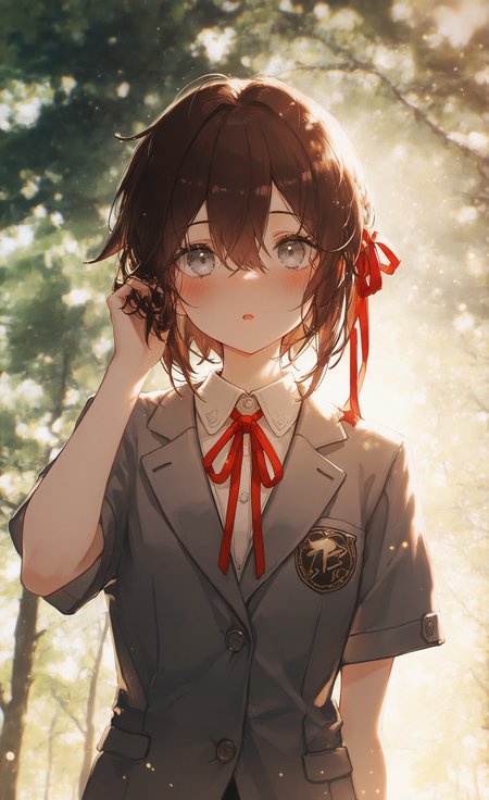 masterpiece, best quality, good quality, very awa, very aesthetic, absurdres, newest, 1girl, :o, arm at side, backlighting, blush, brown hair, buttons, grey eyes, grey jacket, hair between eyes, hair ribbon, hand in own hair, jacket, light particles, looking at viewer, neck ribbon, open mouth, outdoors, red ribbon, ribbon, short hair, short sleeves, solo, straight-on, tree, upper body, 96yottea, <lora:noobai_vpred_1_masterpieces_v1:0.8> <lora:USNR_STYLE_XL_lokr:0.45> <lora:WSSKX_WAI:0.8>