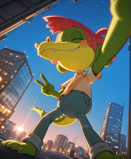 <lora:ArloIllustrious:1> Arlo Beauregard, alligator, red hair, freckles, young, scalie BREAK
selfie portrait, peace gesture, wink, ultra_wide_angle, on NYC, city landscape, soft smile, mouth closed, overalls, yellow shirt, orange strap, BREAK
<lora:spo_sdxl_10ep_4k-data_lora_webui:1> highly detailed, detailed background, absurdres, high resolution, 8K, highres, 4k, 2k, high detail, masterpiece, best quality, amazing quality, very aesthetic, absurdres,  newest, scenery, ultra-detailed, newest, scenery, volumetric lightingâââ
