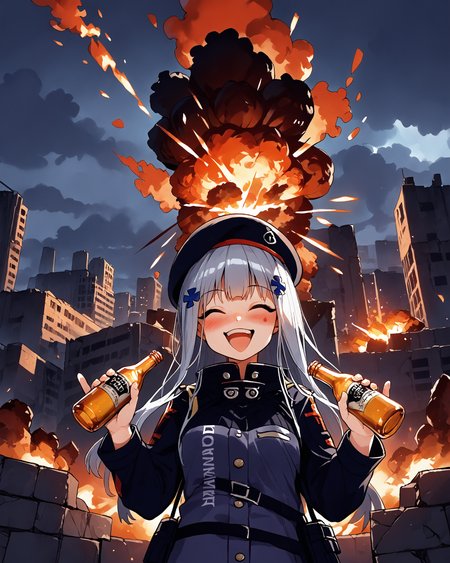 rating_safe, <lora:hk416.pony:1> hk416, def, beret, solo, holding beer bottle, drunk, laughing, heavy blush, <lora:ahebomb_pony:0.8>  explosion, cloud, smoke, building, burning city ruins background, explosions and flames everywhere in background, explosions, more explosions, more fire, through the fire and flames by dragonforce,