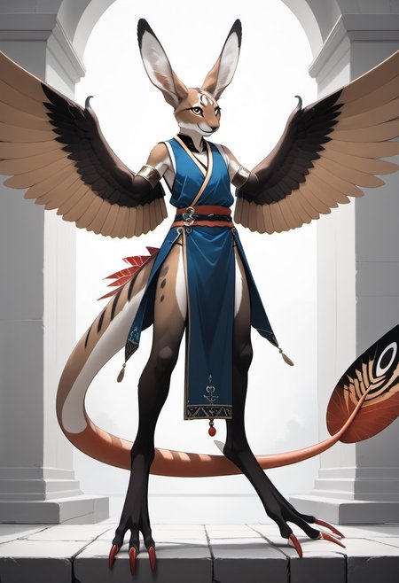 1person, Palagiri, anthro, feline features, feline nose, large ears, ((wings)), ((armless)), perfect wings,
3/4 view, perfect face, ((prehensile toes, long toes)), ((feathers-tipped tail, fanned tail-tip, tapering-tip tail)),
digitigrade legs, pelvic curtain tunic,
Source: anime, score: 9, score: 8up,