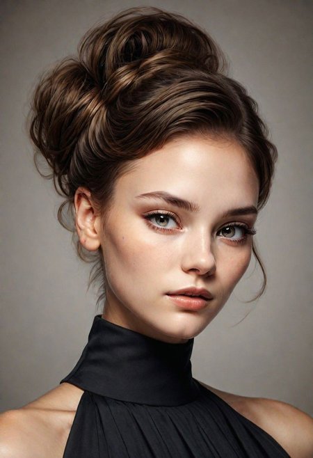 A detailed portrait of a young woman exuding elegance and natural grace. She has a voluminous updo hairstyle with wisps of hair tenderly framing her face. Her hazel eyes are accentuated by tasteful makeup, s. She wears a high-necked black top, suggesting a blend of casual refinement. The lighting should illuminate her face against a subdued background, emphasizing her calm and confident expression. High Fashion, dynamic, dramatic, elegant, High fashion supermodel, avant garde style
fFaceDetaile