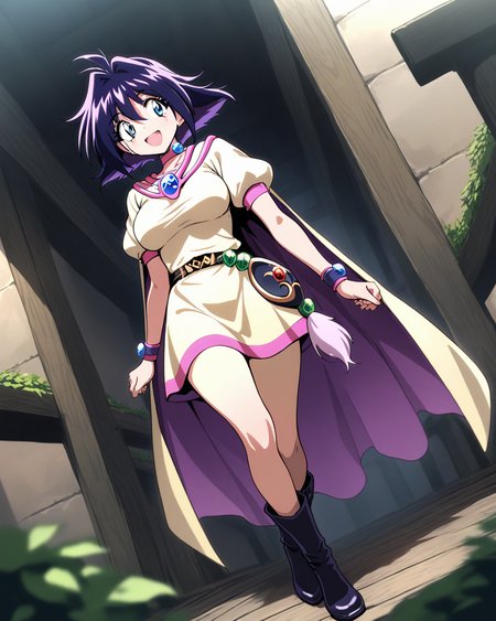 1girl,
AmeliaSlayers,
safe, solo, dutch angle, wide shot,
short hair, black hair, colored inner hair, blue hair,
blue hair,
light smile, open mouth,
pink choker, pentacle, 
standing, 
multicolored cape, brooch, pentagram,
taut clothes,
short sleeves, bracelet,
large breasts,
belt, 
boots,
medieval, bridge,
depth of field,
<lora:kp_AmeliaSlayersAnimagineXL_v1_0:1.0>
masterpiece, high score, great score, absurdres