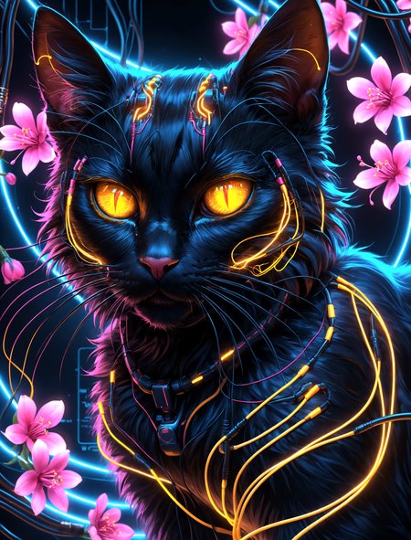 (photorealistic depiction:1.3) of a black cat with thick fur with imbued circuitry line and veins on its body with luminescent eyes, amidst neon blossoms and digital circuitry.
extremely intricate soft glows on the intricate circuit lines, creating a sense of energy. intricate neon light reflections subtly integrated on the cat's fur.
Zoomed-out shot, capturing the entire scene.



