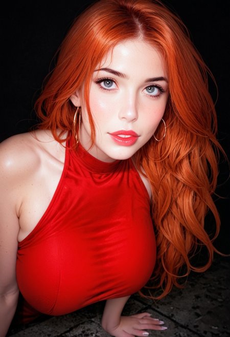 score_9, 
1girl, gorgeous girl, cute girl , kawai girl , cute face , long red hair, ginger,  huge round breasts, perfect eyes, beautiful face,
rogue girl , sexy , posing , face focus, ((dynamic pose)), expressiveH, high camera angle, looking up at camera,
bright silk red dress, halterneck, sleeveless, reij-rosie, red dress, red high heel shoes,
Black background
