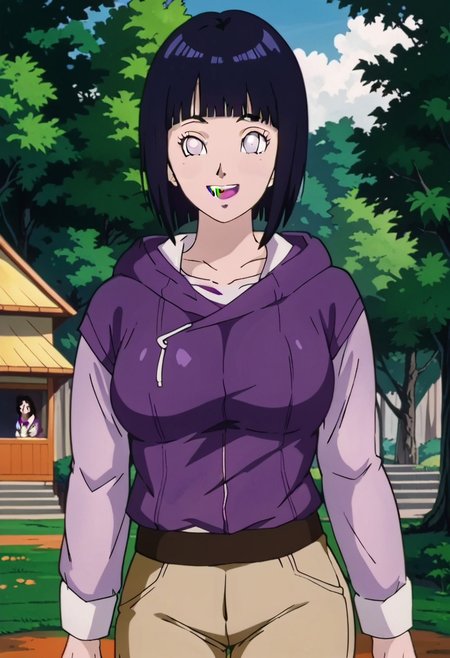 score_9, score_8_up, score_7_up, source_anime,anime screencap,anime coloring,intricate details,masterpiece,
uncensored,
mature female,
hinata, black hair, 1girl, short hair, large breasts, bangs, blunt bangs,white eyes,no pupils, large breasts, 
hoodie,long sleeves,jacket,purple jacket,hood down,layered sleeves,short over long sleeves,white shirt,beige shorts,
open mouth, 
smile,looking at viewer,
perfect anatomy,
scenery,outdoors, east asian architecture, forest,
<lora:Hinata Boruto:0.9> retro artstyle, 90s dbz style, style dragon ball girl,