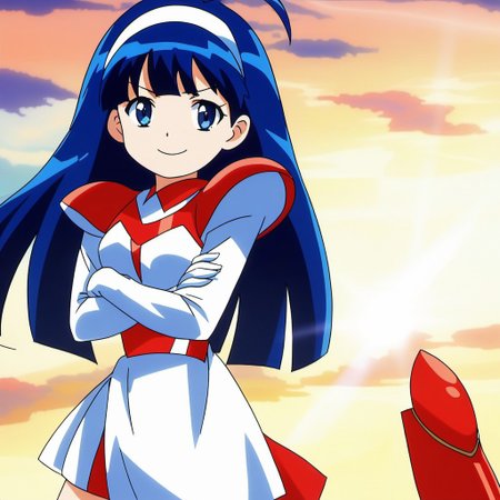 masterpiece, best quality, very aesthetic, absurdres, general, anime screencap,
1girl, solo, <lora:Tsurugino_Hikari_XL:1>, Tsurugino_Hikari, long hair, blue hair, hairband, blue eyes, bangs, ahoge, small breasts,
white cloth, gloves, knee boots,  red boots, armor, skirt, smile, long sleeves, looking at viewer, red footwear, legs apart, portrait only,
smile,closed mouth, crossed arms, standing, cloud sky, outdoor, sunlight, v-shaped eyebrows, looking at viewer, sunset,