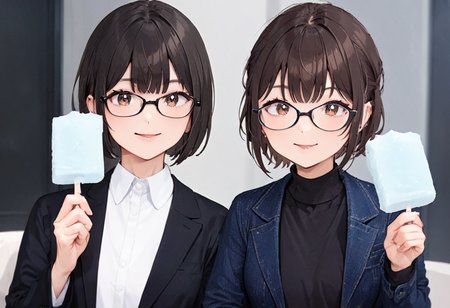 masterpiece, best quality, very aesthetic, absurdres,
garigarikun, food, 3girls, shirt, looking at viewer, white shirt, jacket, black hair, collared shirt, holding, black shirt, parted lips, black jacket, brown hair, holding food, formal, short hair, open clothes, smile, glasses
 <lora:garigarikun_SDXL_V1:1>