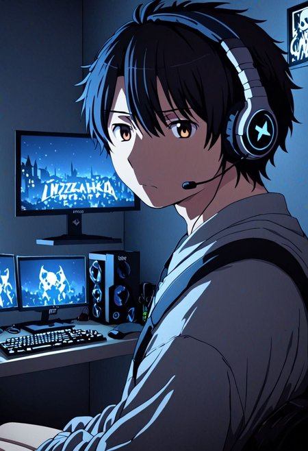 high resolution, solo, best quality, 1Boy, Inaho Kaizuka, Black Hair, gamer, bedroom, night, pc, sit, headset, portrait, OverallDetail