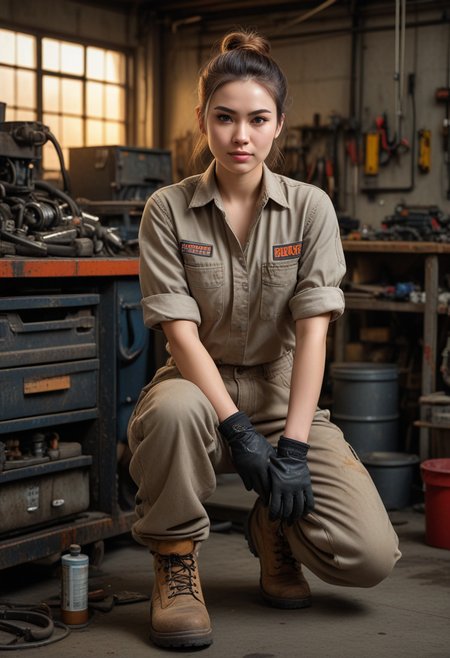 (medium full shot) of (brawny mechanic) young woman, chinese, dark eyes, fair skin, pale skin, hazel eyes, slim build, long hazel messy bun hair,  wearing a mechanic shirt,rugged pants,steel-toe boots, gloves, dirty with oil and grease, set in  Auto Workshop, large space with multiple workstations, diagnostic equipment, tool chests, a hydraulic car lift, oil stains on the floor, work benches with various automotive tools, at sunset, woman laughing, arms crossed, Masterpiece,best quality, photorealistic, amazing quality, very aesthetic, extremely detailed face,