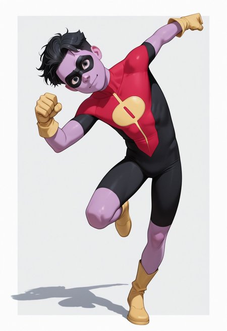 1boy, male focus, cute boy, rOliver_Grayson, Purple Skin, Colored Skin, Black Hair, Black Eyes, Domino Mask, Superhero Costume, Yellow Gloves, Yellow Boots, levitating, simple background, graphic border, cinematic, intricately detailed illustration, depth of field, masterpiece, best quality, amazing quality, very aesthetic, absurdres, newest, very awa, shadow, dynamic angle, casual cosplay, dynamic pose, action pose