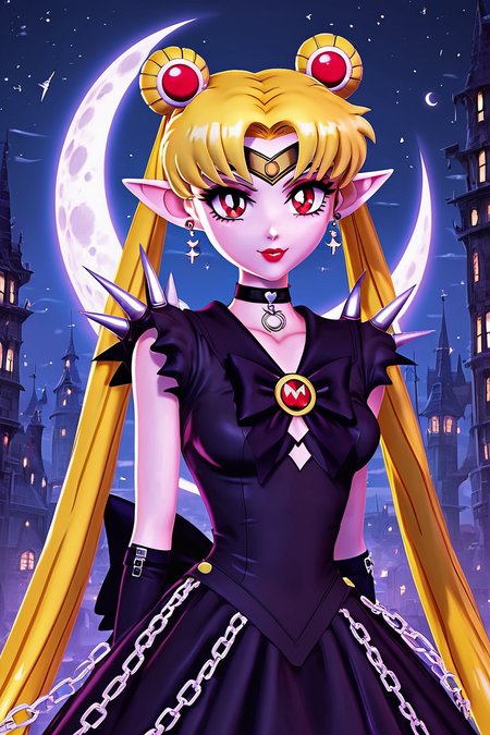 score_9, score_8_up, score_8, medium breasts, (curvy), cute, eyelashes,       BREAK, ,  ,,, <lora:CruelMoon_PDXL:0.8>, zzCruelMoon, long hair, twintails, tsukino usagi, blonde hair, jewelry, hair bun, double bun, sailor moon, very long hair, choker, chain, spikes, gothic, parted bangs, red eyes,  earrings, dress, makeup, holding, necklace, lipstick, black dress, pointy ears, night, ,,, , BREAK, smile, looking at viewer, cowboy shot, ,,, embedding:zPDXL, Expressiveh, ,,, <lora:Zy0n7_PDXL:0.8>, <lora:SDXLFaeTastic2400:0.5>, <lora:Expressive_H-000001:0.4>,