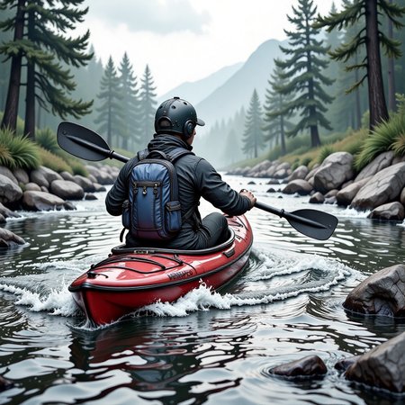 a person kayaking in a river, in the style of hyp3rd3tail