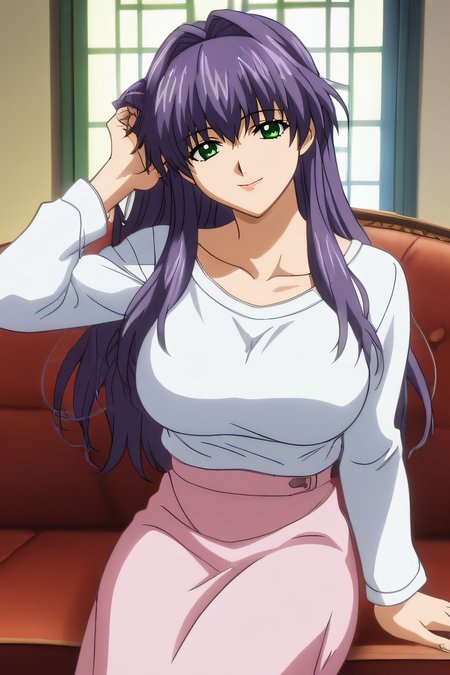 score_9, score_8_up, score_7_up, source_anime, rating_safe, intricate details, anime screencap, official style, 1girl, solo, <lora:Serizawa_Hiroko:1>, serizawahiroko, detailed lips, large breasts, purple hair, long hair, green eyes, white shirt, long sleeves, collarbone, pink skirt, long skirt, sitting on couch, indoor, looking at viewer, smile, cowboy shot, closed mouth, hand on hair