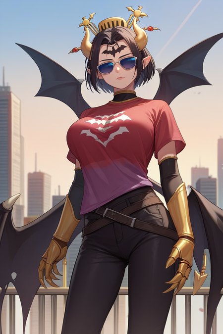 score_9, score_8_up, score_7_up, score_6_up, source_anime BREAK 1girl, solo  <lora:lilithmon-pdxl-nvwls-v1-000005:1> lilithmon, black hair, forehead mark, horns, demon wings, hair ornament, gauntlets, large breasts, red t-shirt, black pants, looking at you, city, sunglasses