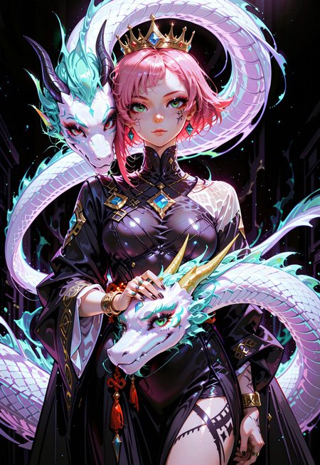 safe_pos, masterpiece, best quality, good quality, very awa, newest, highres, absurdres, no lineart, no outline, 1girl, solo, looking at viewer, short hair, green eyes, dress, closed mouth, jewelry, medium breasts, standing, pink hair, cowboy shot, earrings, wide sleeves, necklace, nail polish, black dress, bracelet, lips, tattoo, makeup, ring, crown, black nails, gem, forehead, high collar, asymmetrical hair, asymmetrical bangs,white dragon,red eyes, petting dragon head, facepaint, asymmetrical clothes, facial tattoo, blue gemstone, mascara,  black background, painterly, fine art, ckym, in the style of ckym,